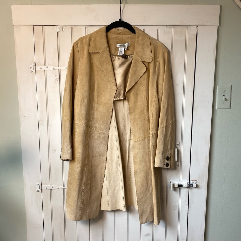90s Coldwater Creek Leather Suede Trench Coat Women Med Open Front Western Boho - Picture 15 of 15